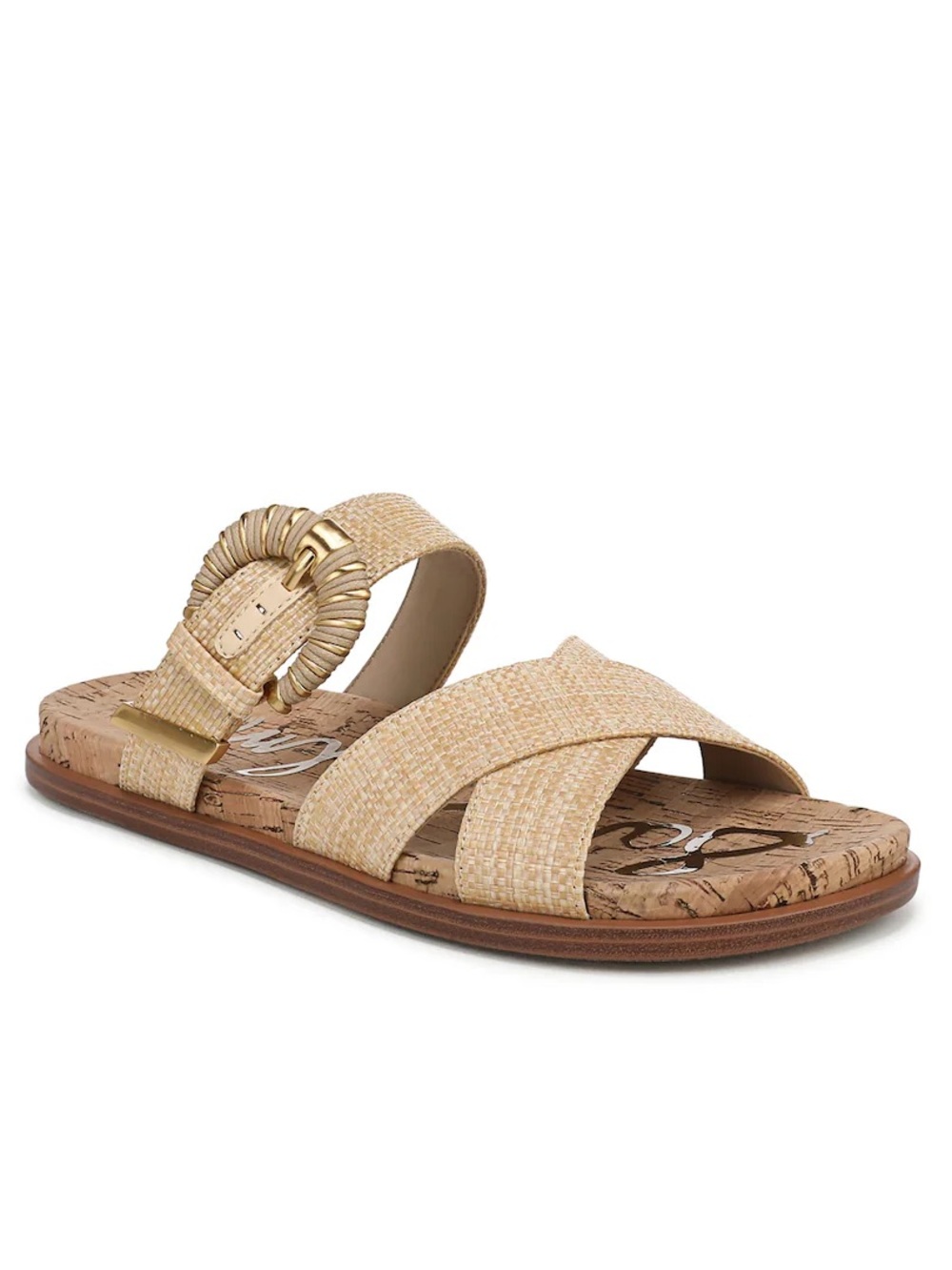 Sam Edelman Natural Beige Crisscross Slide Sandals with Gold Buckle